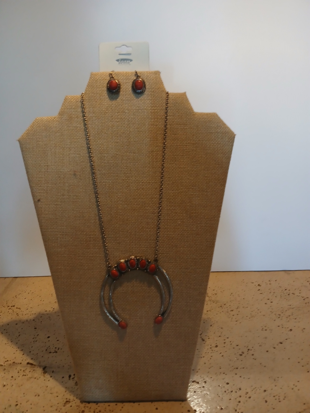 Silver-Tone Red Orange Stone Crescent Necklace & Earrings Set